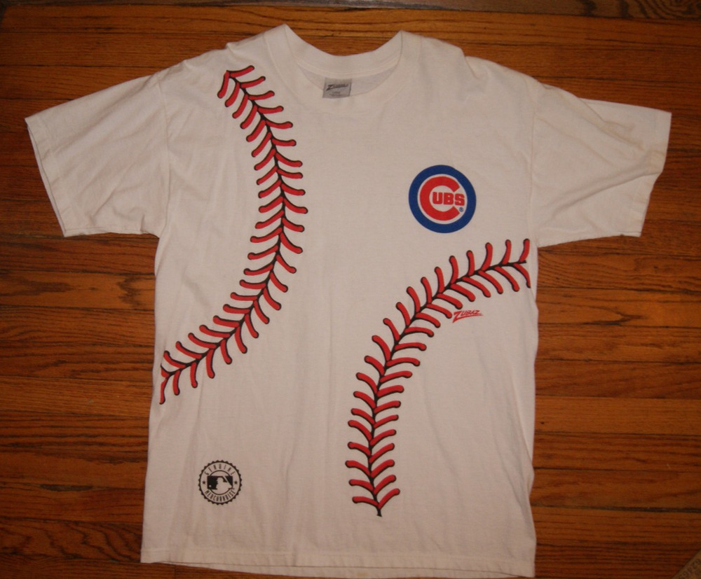 Vintage 90s Chicago Cubs ZUBAZ AOP Baseball Stitches White L TShirt RARE USA